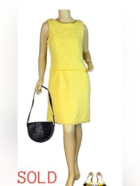 CALVIN KLEIN LEMON YELLOW TWEED SHEATH DRESS WITH FRINGE (10)